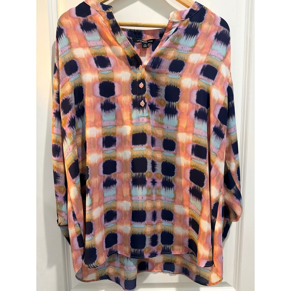 Zac & Rachel Woman Abstract Ikat Print Roll Tab Sleeve Henley Blouse 1X Multi